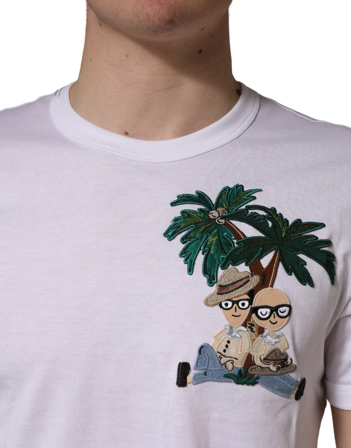 Dolce &amp; Gabbana White Palm Embroidered Men Crew Neck T-shirt
