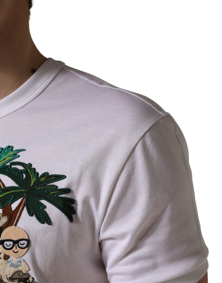 Dolce &amp; Gabbana White Palm Embroidered Men Crew Neck T-shirt