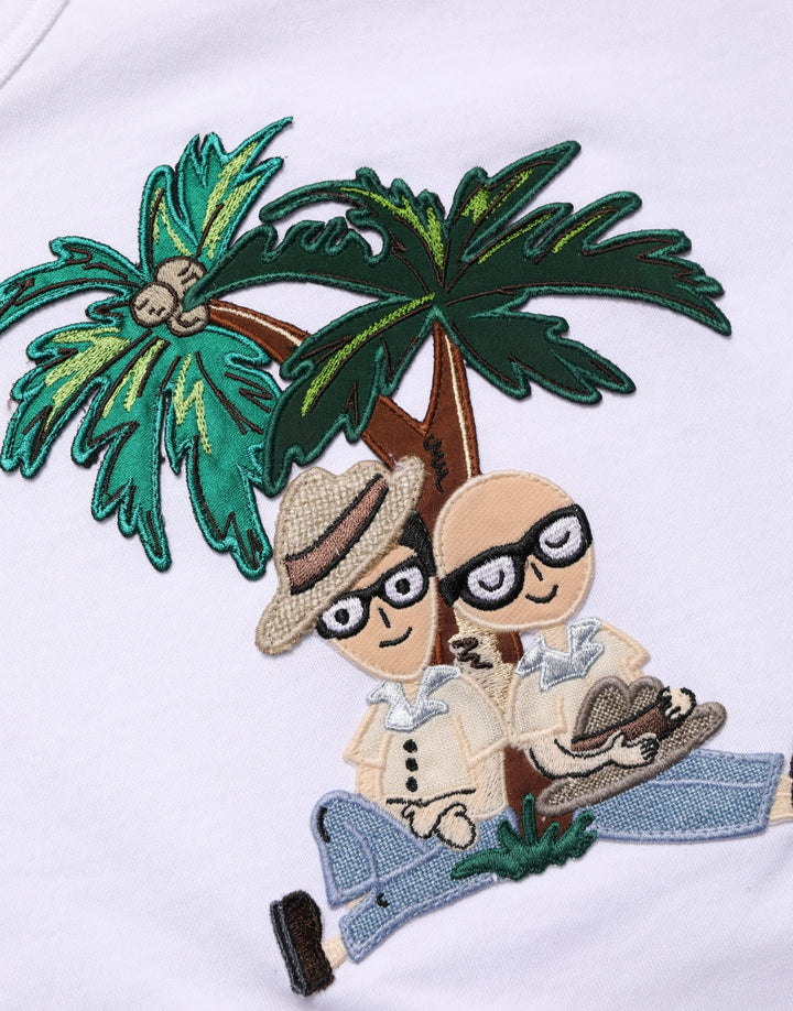 Dolce &amp; Gabbana White Palm Embroidered Men Crew Neck T-shirt
