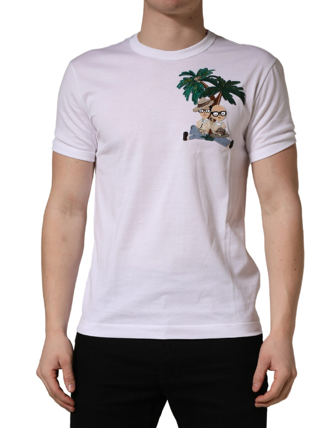 Dolce &amp; Gabbana White Palm Embroidered Men Crew Neck T-shirt