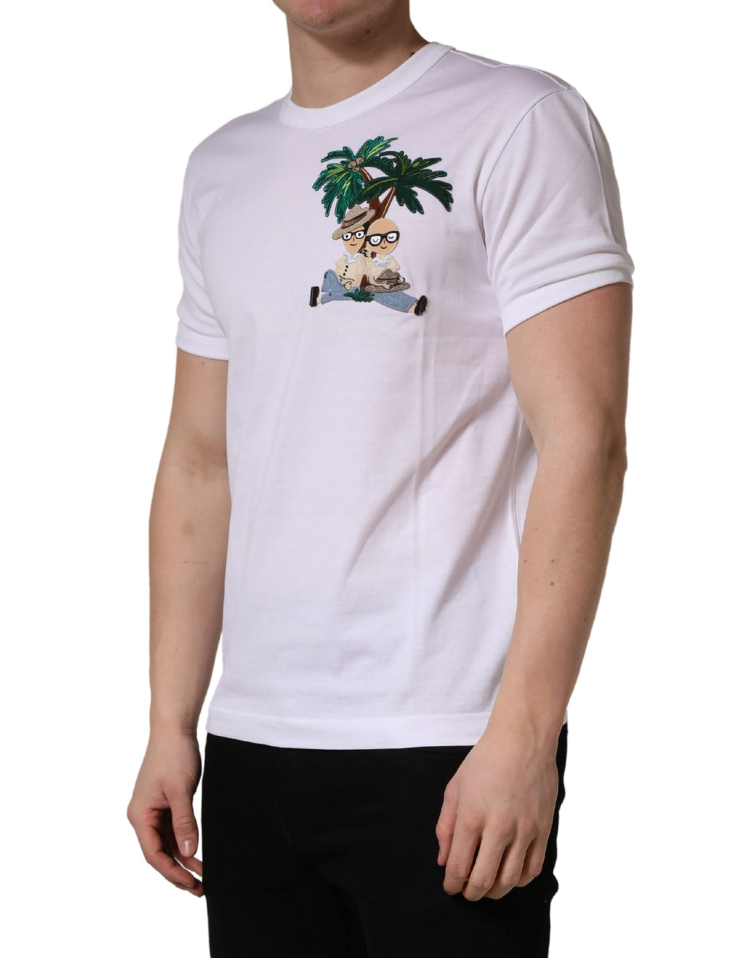 Dolce &amp; Gabbana White Palm Embroidered Men Crew Neck T-shirt