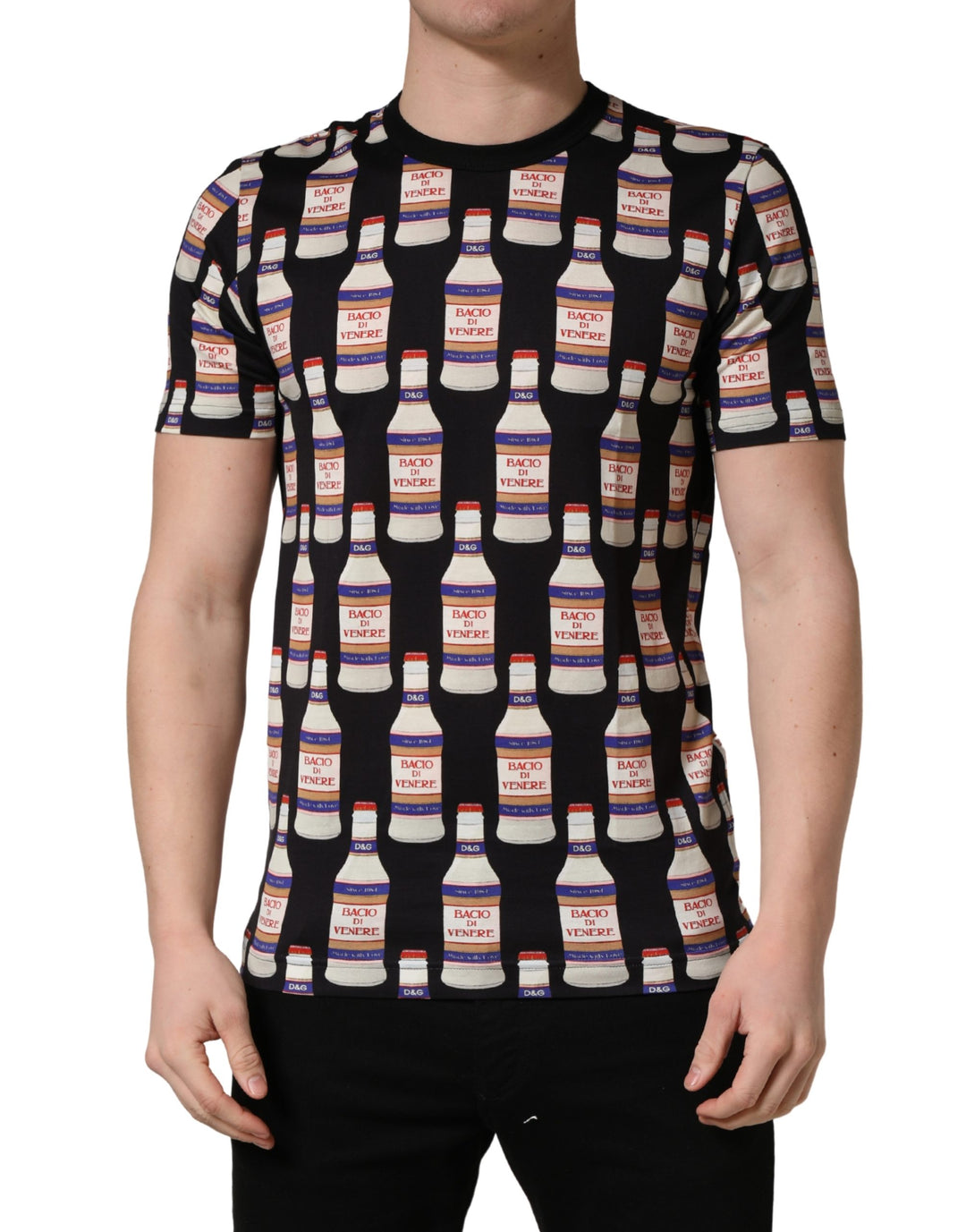 Dolce &amp; Gabbana Black Bottle Print Cotton Crew Neck  T-shirt