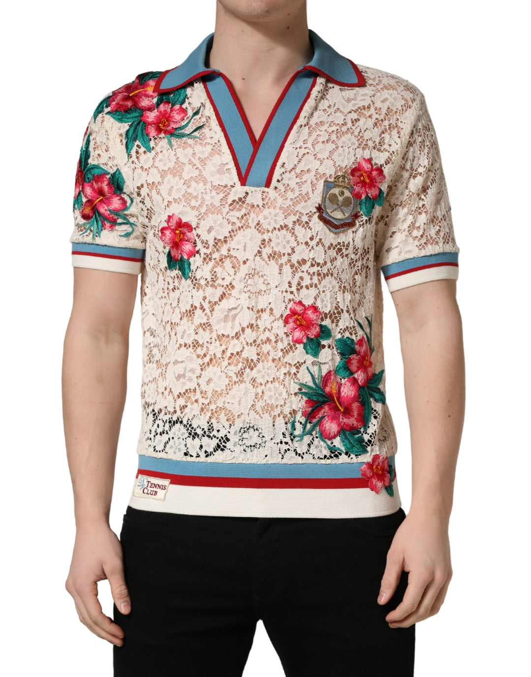 Dolce &amp; Gabbana Beige Floral Tennis Club Lace Polo T-shirt