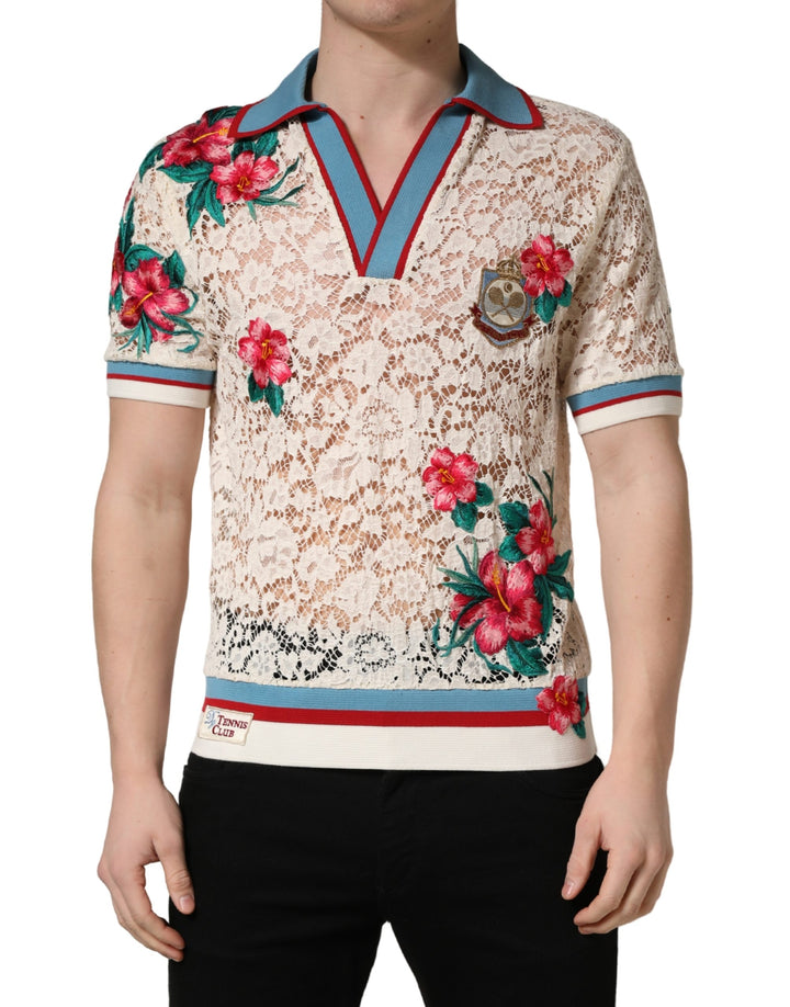 Dolce &amp; Gabbana Beige Floral Tennis Club Lace Polo T-shirt