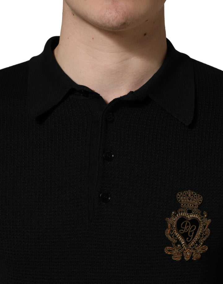 Dolce &amp; Gabbana Black Heraldic Crest Patch Silk Polo T-shirt