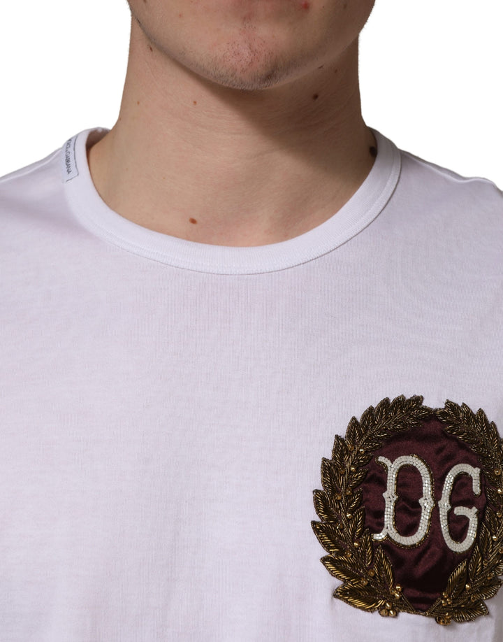 Dolce &amp; Gabbana White DG Leaf Embroidery Crew Neck  T-shirt