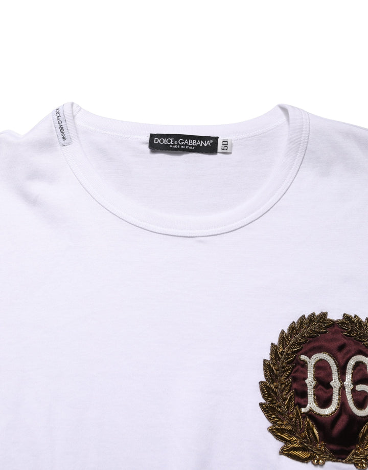 Dolce &amp; Gabbana White DG Leaf Embroidery Crew Neck  T-shirt