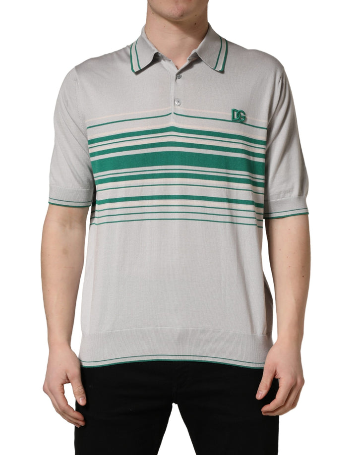 Dolce &amp; Gabbana Gray Green Striped Logo Silk Polo T-shirt