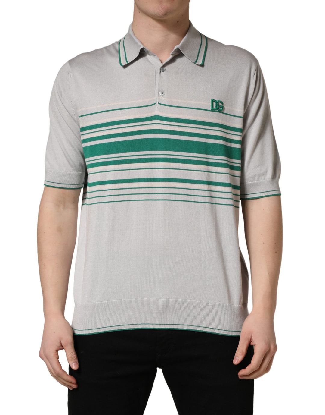 Dolce &amp; Gabbana Gray Green Striped Logo Silk Polo T-shirt