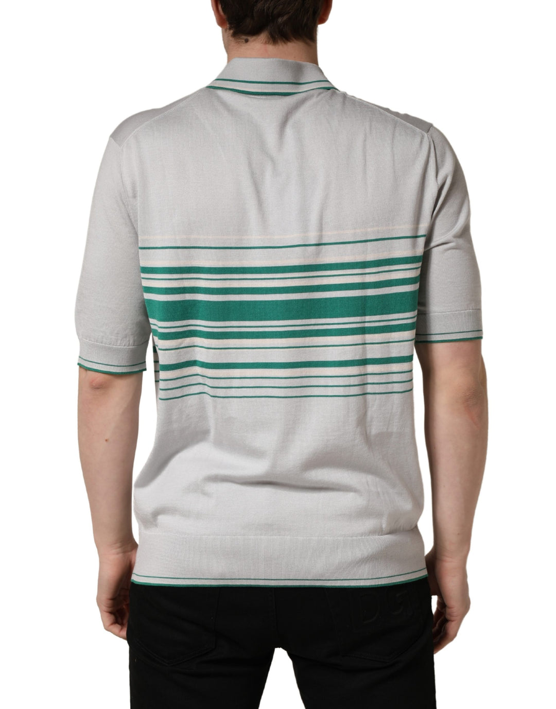 Dolce &amp; Gabbana Gray Green Striped Logo Silk Polo T-shirt