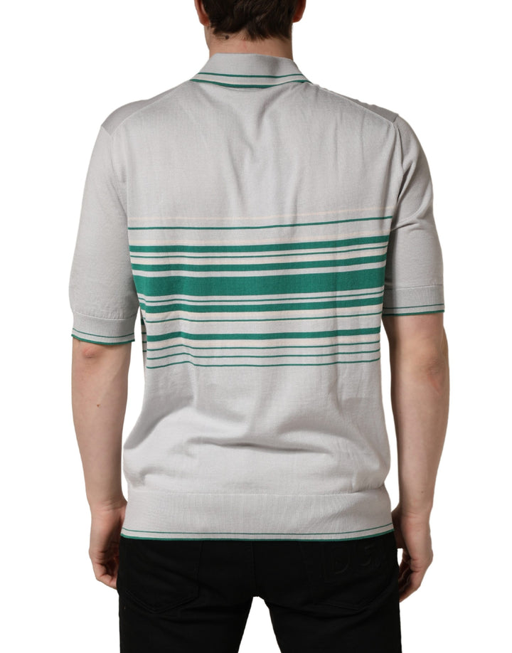 Dolce &amp; Gabbana Gray Green Striped Logo Silk Polo T-shirt