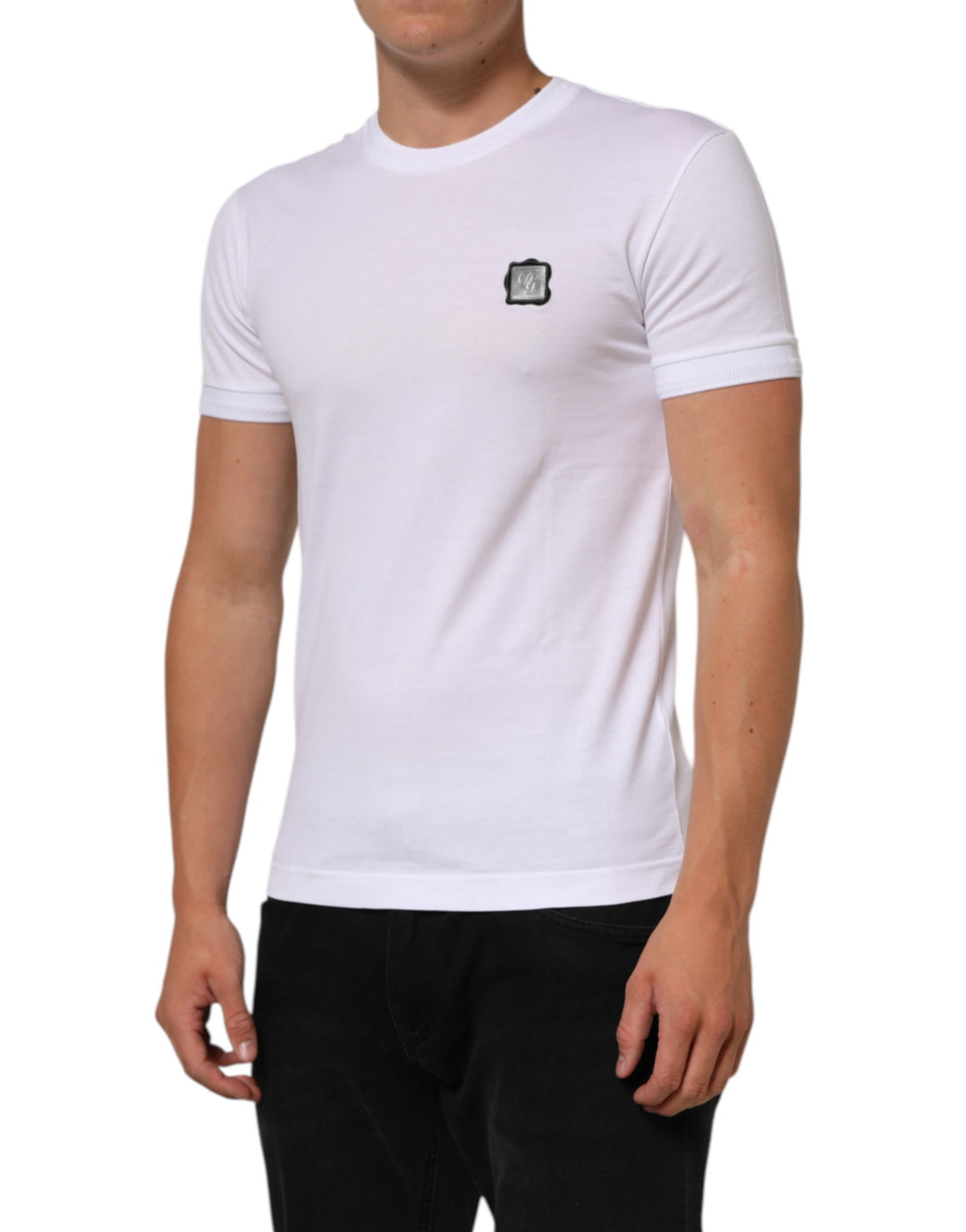 Dolce &amp; Gabbana White Logo Patch Cotton Crew Neck T-shirt