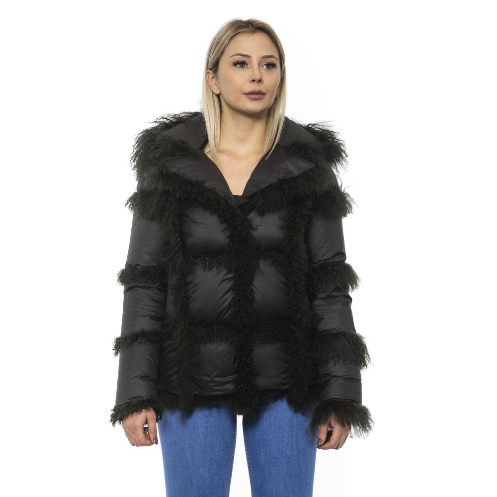 Mr&amp;Mrs Italy Black Poly Jacket with Lamb Fur Hood for Women