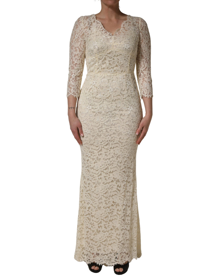 Dolce &amp; Gabbana Off White Floral Lace Sheath Maxi Dress