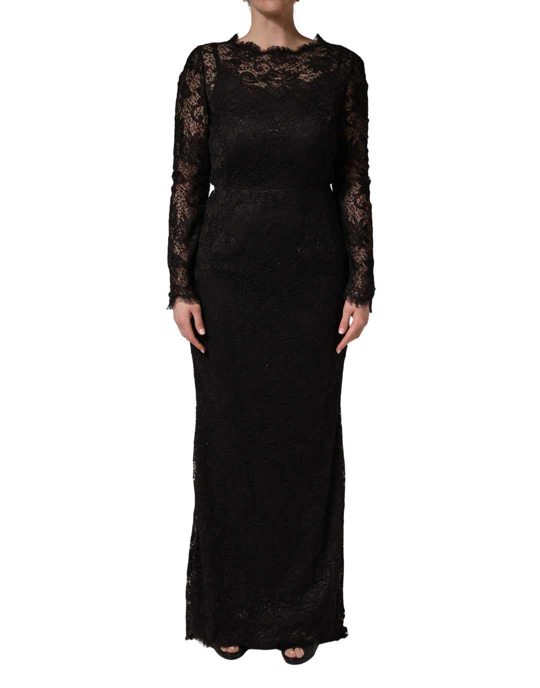 Dolce &amp; Gabbana Black Floral Lace Sheath Long Maxi Dress
