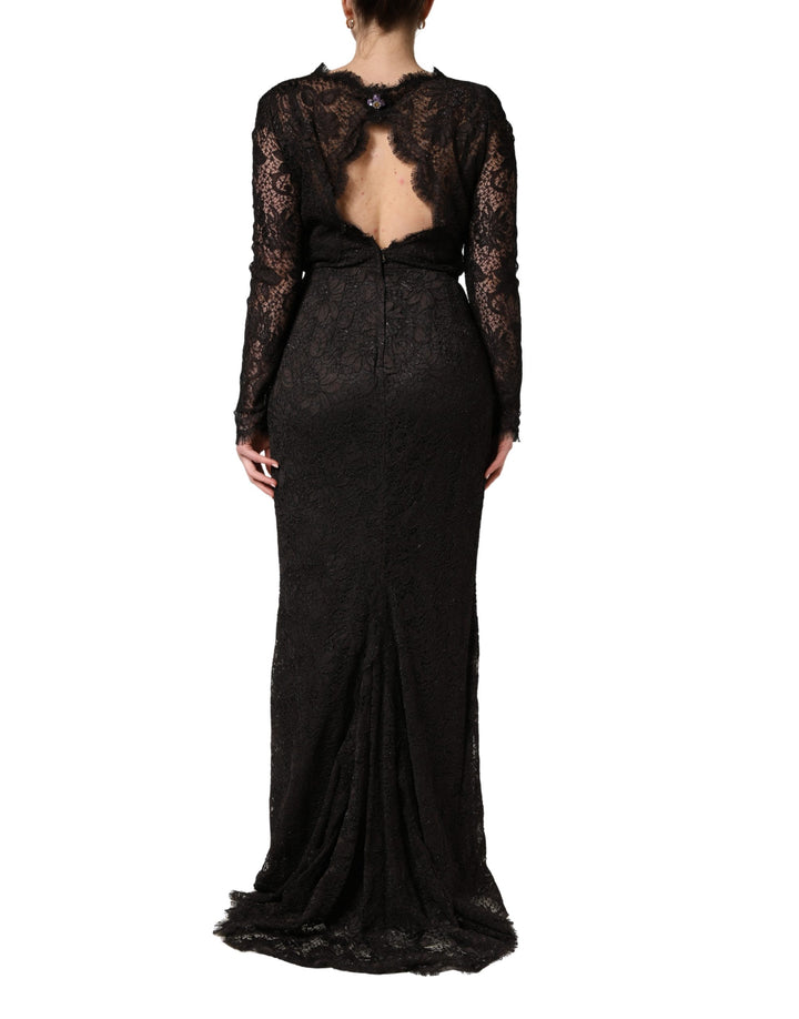 Dolce &amp; Gabbana Black Floral Lace Sheath Long Maxi Dress