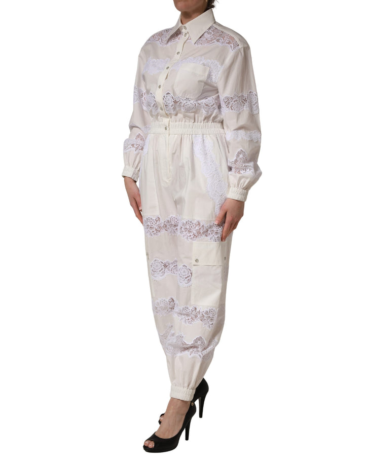 Dolce &amp; Gabbana White Cotton Lace Trim Long Sleeves Jumpsuit