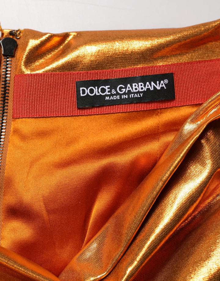 Dolce &amp; Gabbana Metallic Orange Ruched Lame Bodycon Mini Skirt