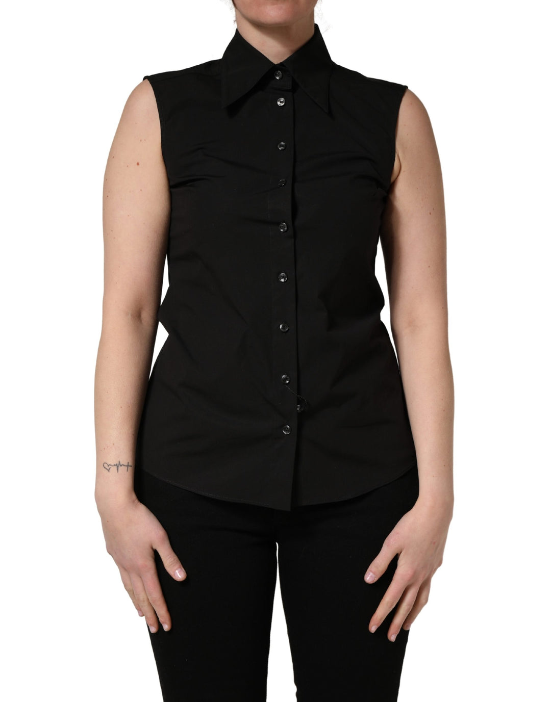 Dolce &amp; Gabbana Black Cotton Sleeveless Collared Blouse Top