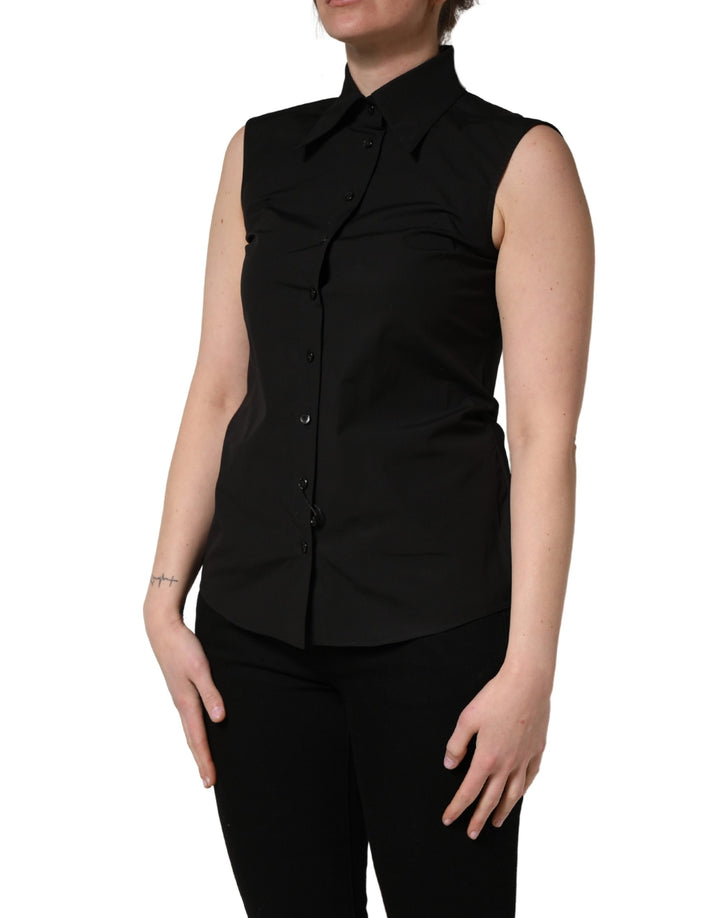 Dolce &amp; Gabbana Black Cotton Sleeveless Collared Blouse Top