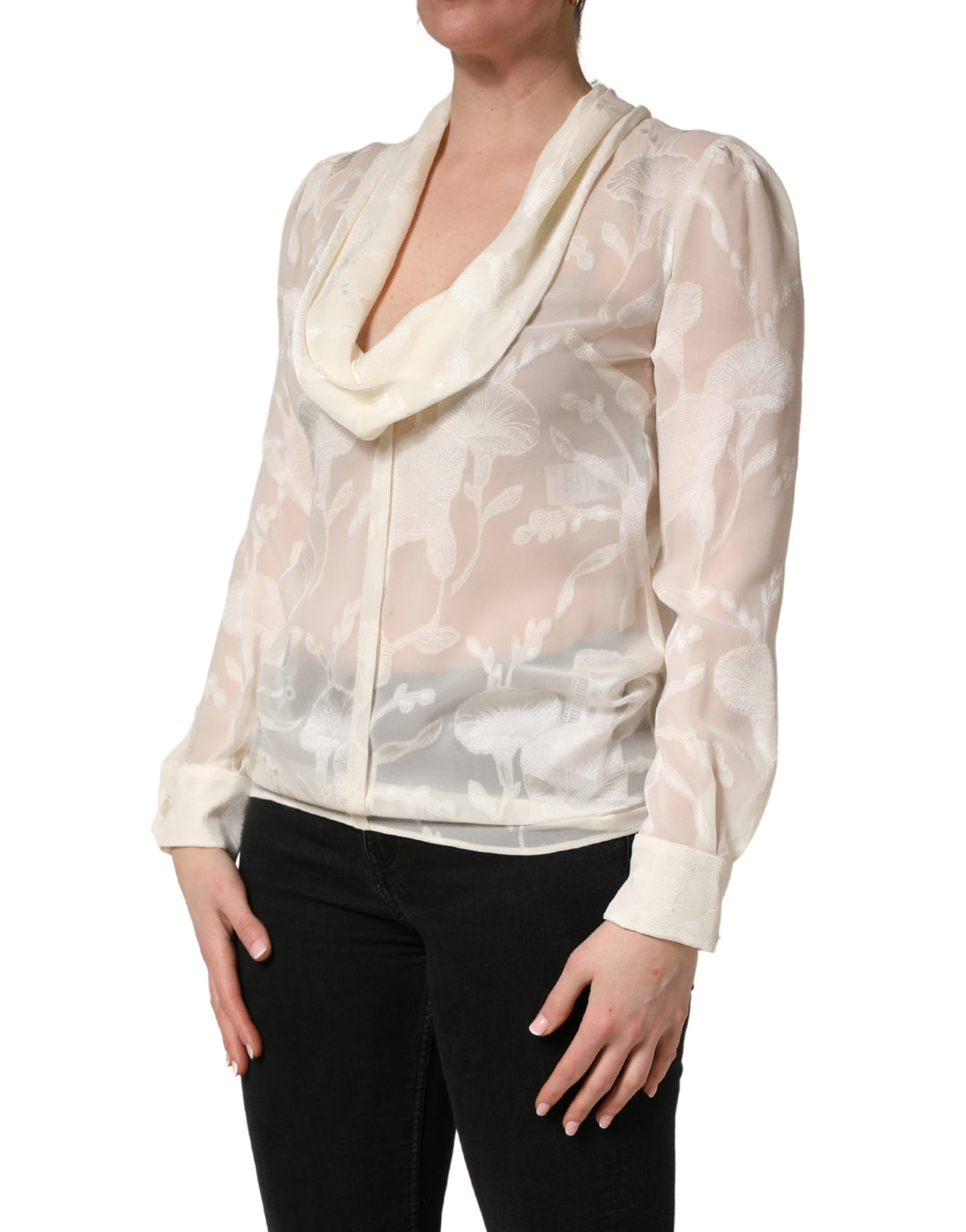 Dolce &amp; Gabbana Off White Floral Semi Sheer Silk Blouse Top