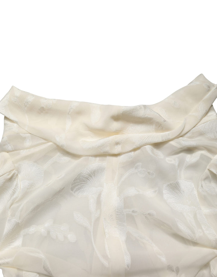 Dolce &amp; Gabbana Off White Floral Semi Sheer Silk Blouse Top