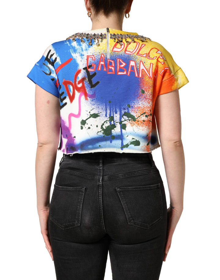 Dolce &amp; Gabbana Multicolor Graffiti Crystals Crop Jersey Top