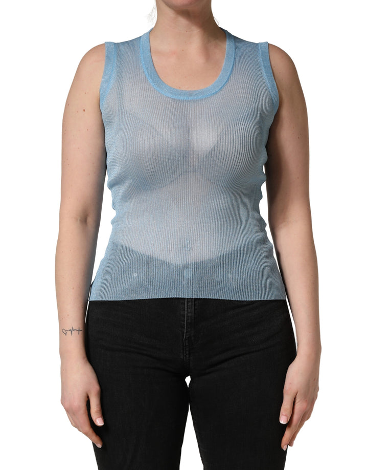 Dolce &amp; Gabbana Blue Semi Sheer Ribbed Sleeveless Tank Top