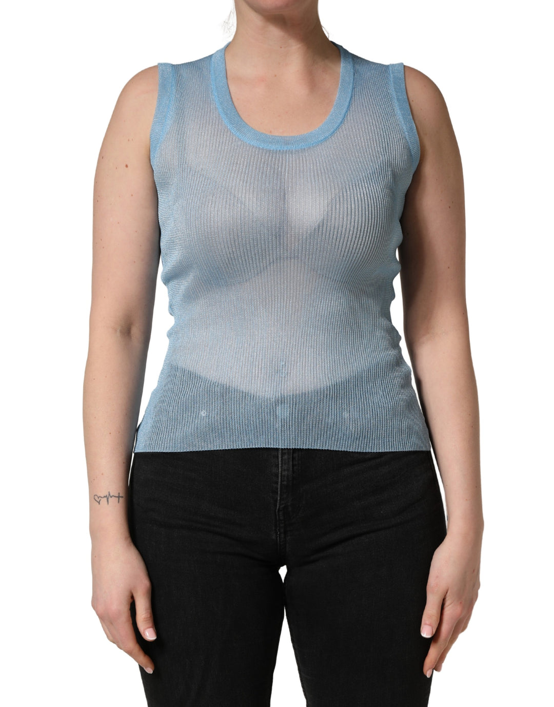 Dolce &amp; Gabbana Blue Semi Sheer Ribbed Sleeveless Tank Top