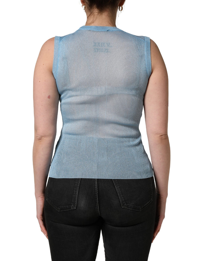 Dolce &amp; Gabbana Blue Semi Sheer Ribbed Sleeveless Tank Top