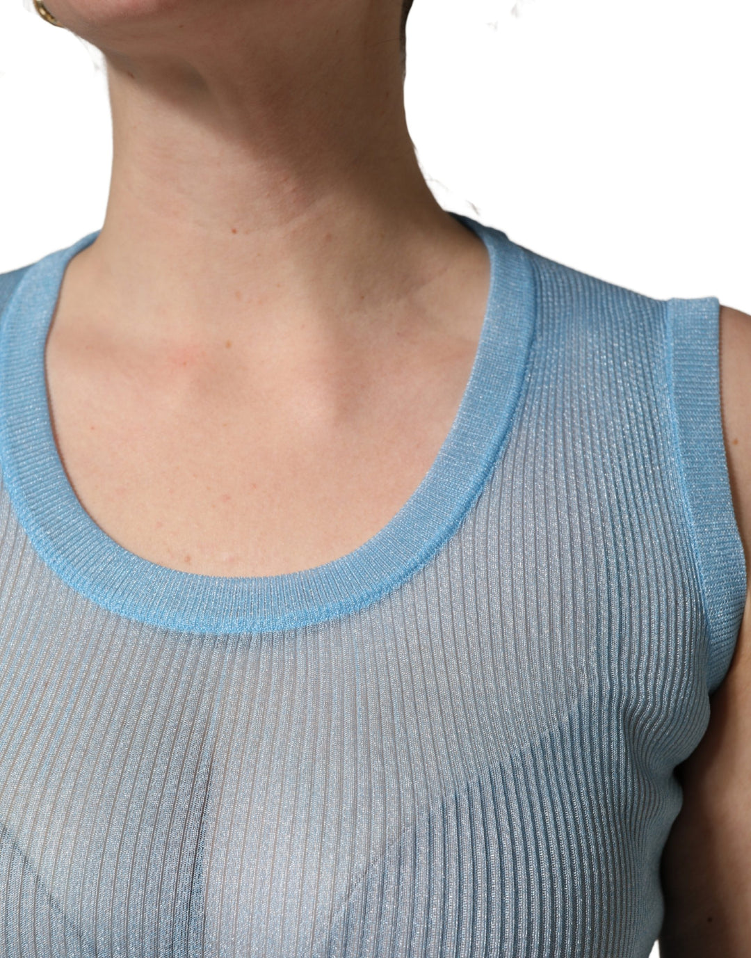 Dolce &amp; Gabbana Blue Semi Sheer Ribbed Sleeveless Tank Top