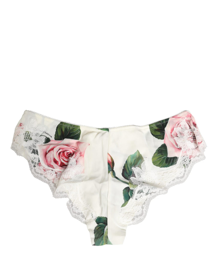 Dolce &amp; Gabbana White Silk Floral Lace Trim Panty Brief Underwear