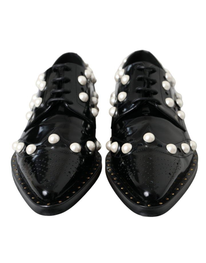 Dolce &amp; Gabbana Black Leather Faux Pearl Dress Brogue Shoes