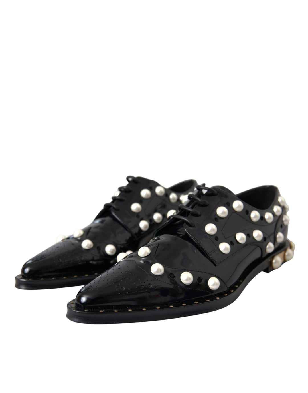 Dolce &amp; Gabbana Black Leather Faux Pearl Dress Brogue Shoes