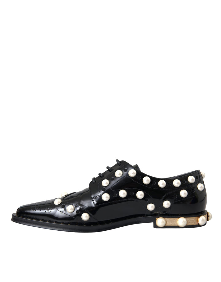 Dolce &amp; Gabbana Black Leather Faux Pearl Dress Brogue Shoes