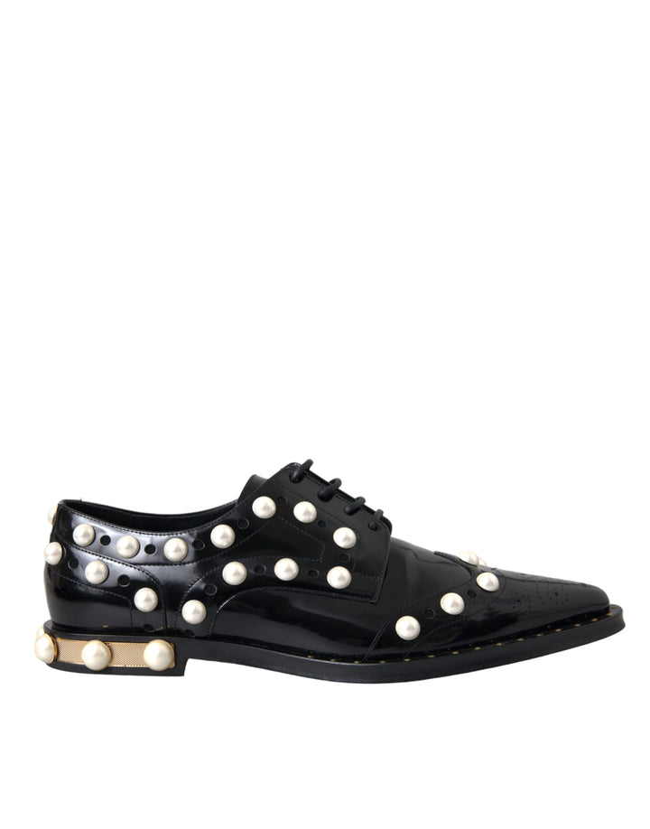 Dolce &amp; Gabbana Black Leather Faux Pearl Dress Brogue Shoes