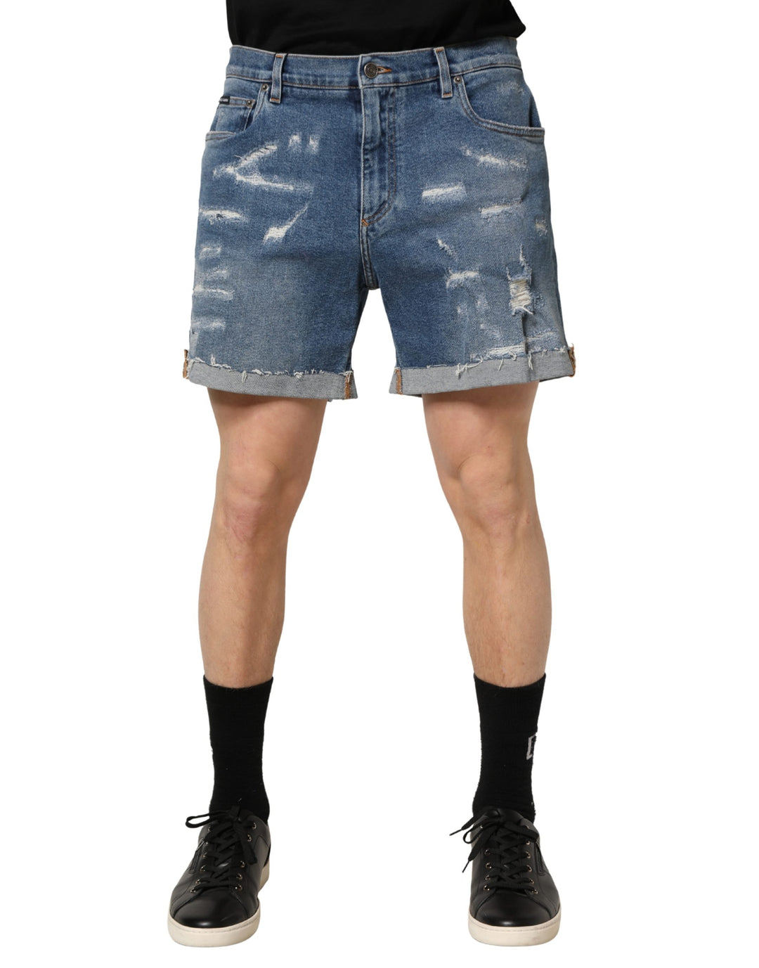Dolce &amp; Gabbana Blue Cotton Distressed Denim Bermuda Shorts