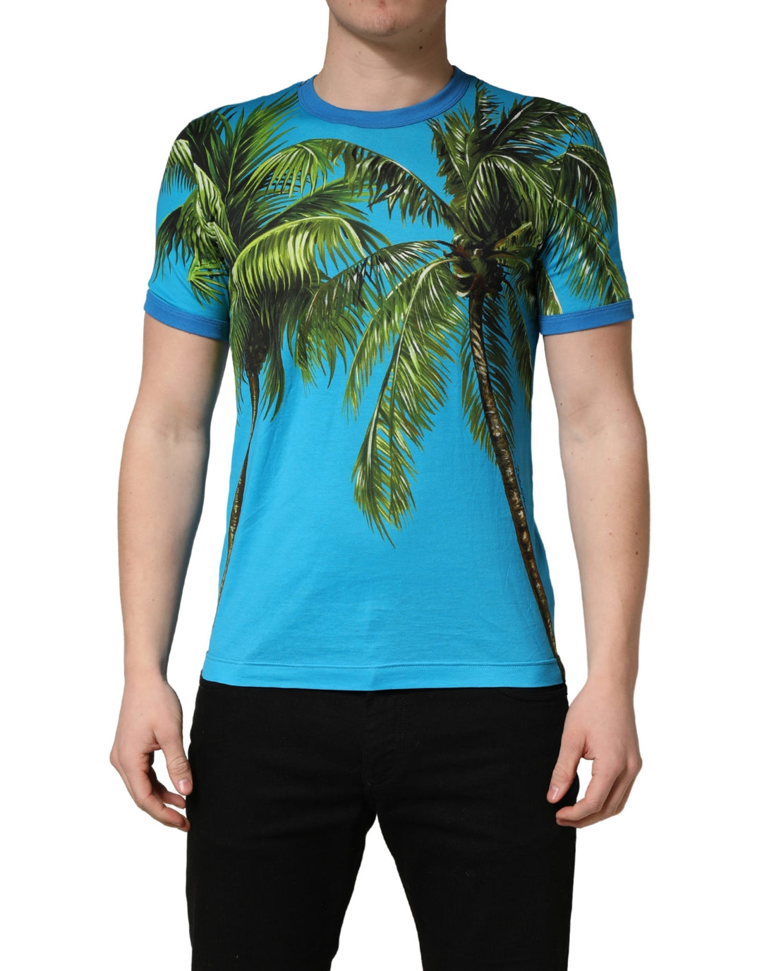 Dolce &amp; Gabbana Blue Palm Tree Print Cotton CrewNeck T-shirt