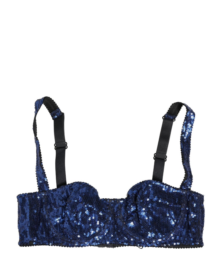 Dolce &amp; Gabbana Blue Sequined Nyon Balconnet Bra Underwear