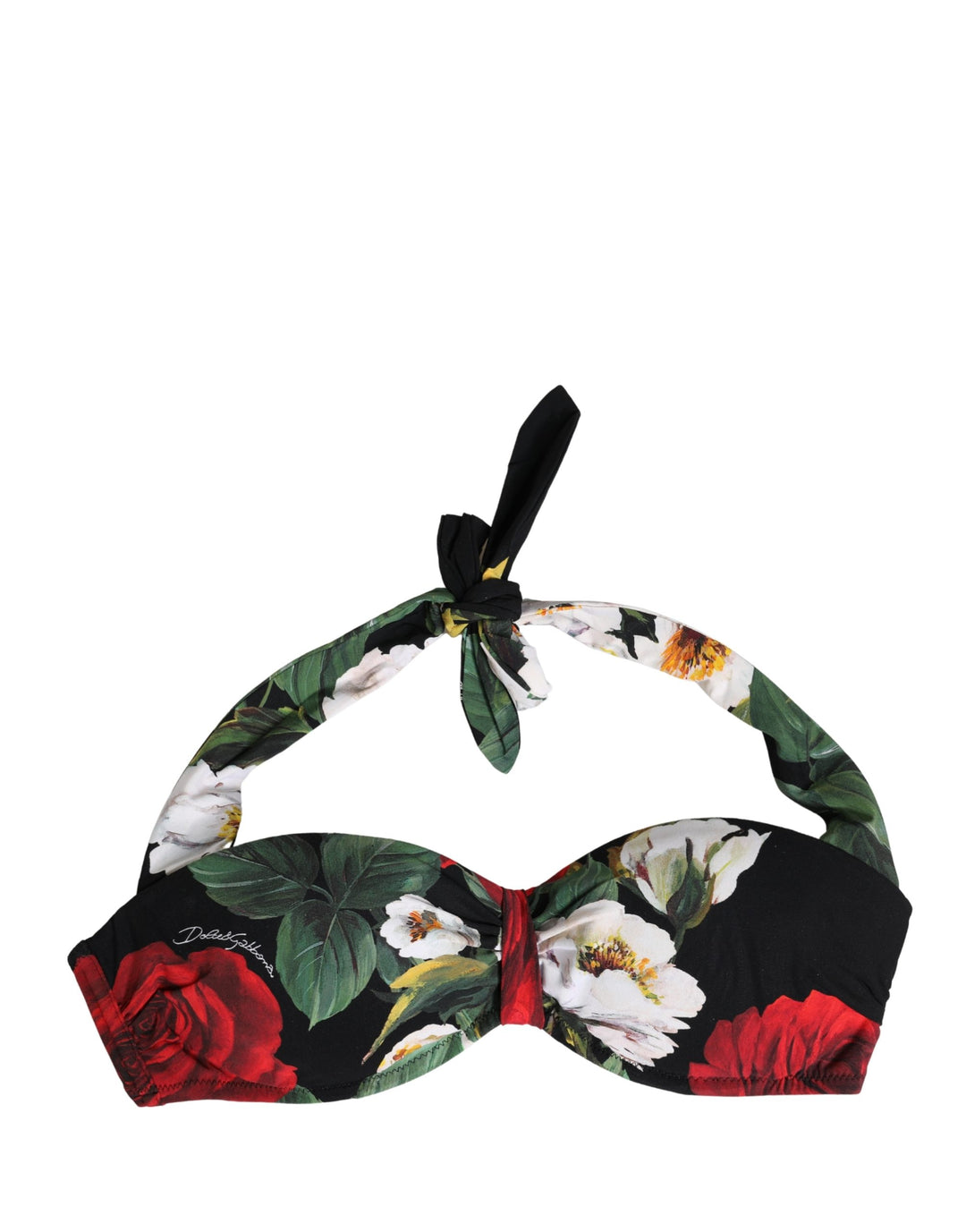Dolce &amp; Gabbana Black Floral Padded Halter Bikini Top Swimwear