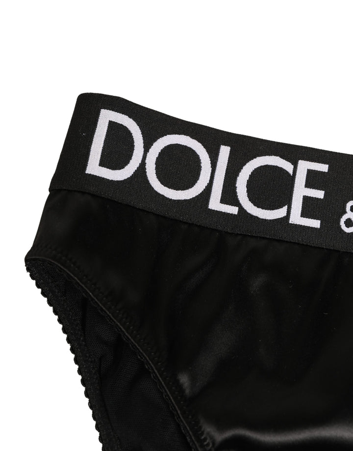 Dolce &amp; Gabbana Black Satin High-Waist Brief Logo Women Underwear