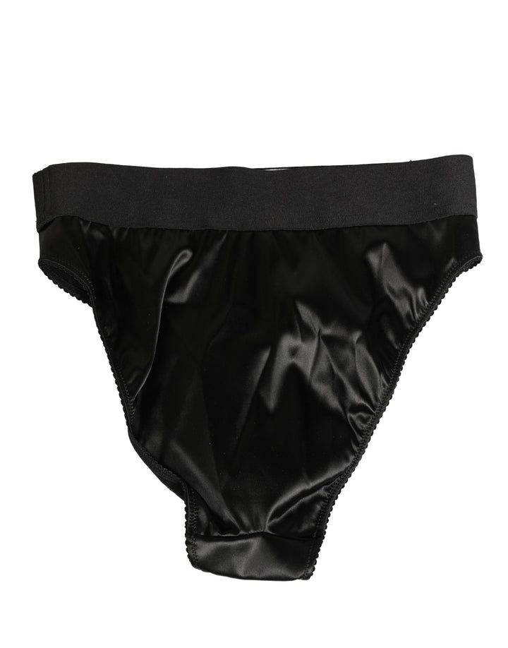 Dolce &amp; Gabbana Black Satin High-Waist Brief Logo Women Underwear