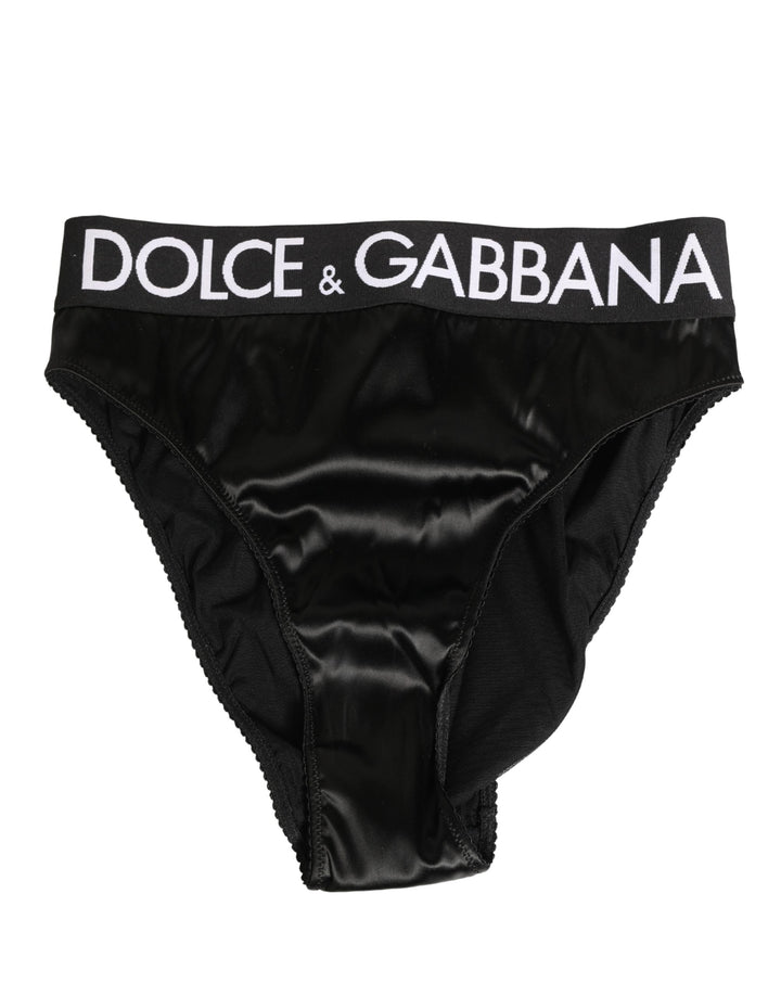 Dolce &amp; Gabbana Black Satin High-Waist Brief Logo Women Underwear
