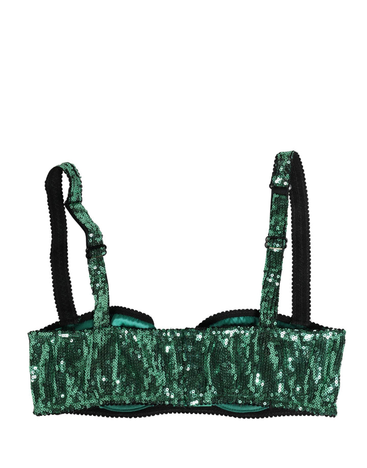 Dolce &amp; Gabbana Green Sequined Nyon Balconnet Bra Underwear