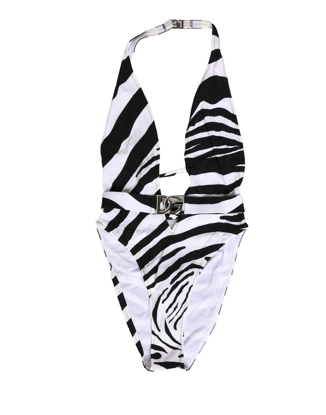 Dolce &amp; Gabbana Black White Zebra Deep V-Neck One Piece Swimwear