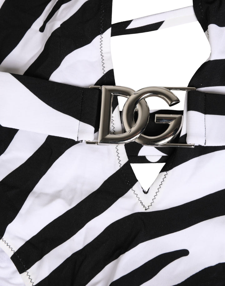 Dolce &amp; Gabbana Black White Zebra Deep V-Neck One Piece Swimwear