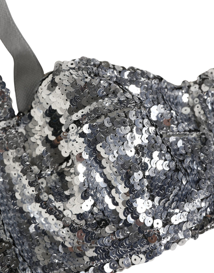 Dolce &amp; Gabbana Silver Sequined Nyon Balconnet Bra Underwear