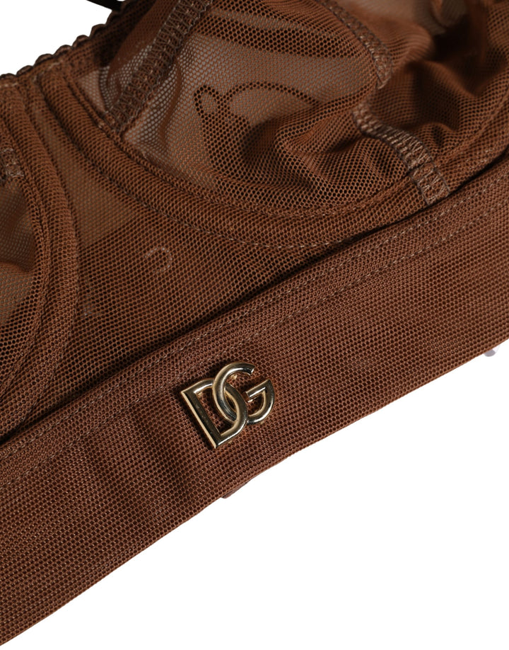 Dolce &amp; Gabbana Brown DG Logo Nylon Mesh Balconette Bra Underwear