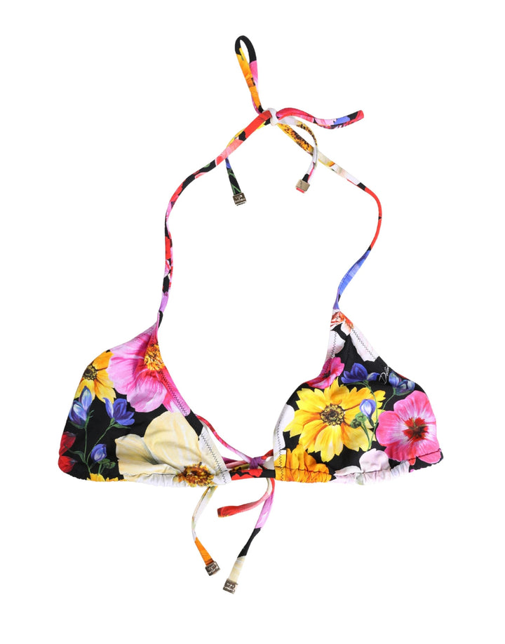 Dolce &amp; Gabbana Black Floral Print Nylon Halter Bikini Top Swimwear