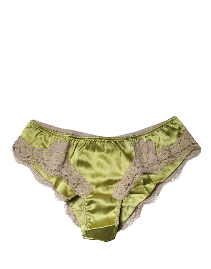 Dolce &amp; Gabbana Underwear Green Silk Satin Floral Lace Panty Brief